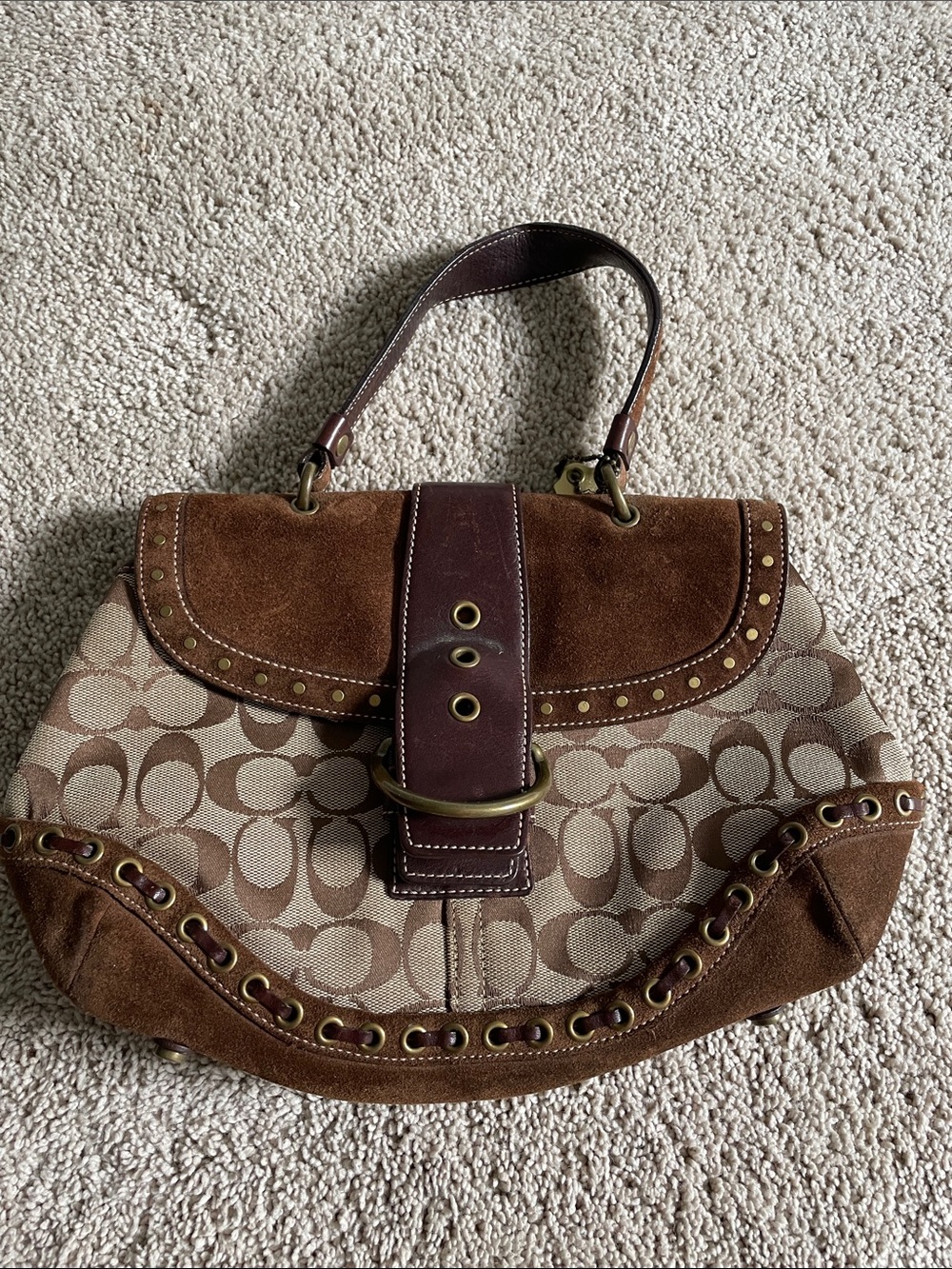 Coach Brown & Tan Signature Canvas Shoulder Bag with Suede Trim